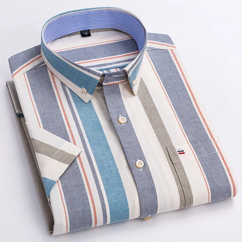 Men Casual Short Sleeve Shirts Cotton Plaid Striped Daily Use Comfortable Clothing Fashion Business Man Elegant Dress Shirts New