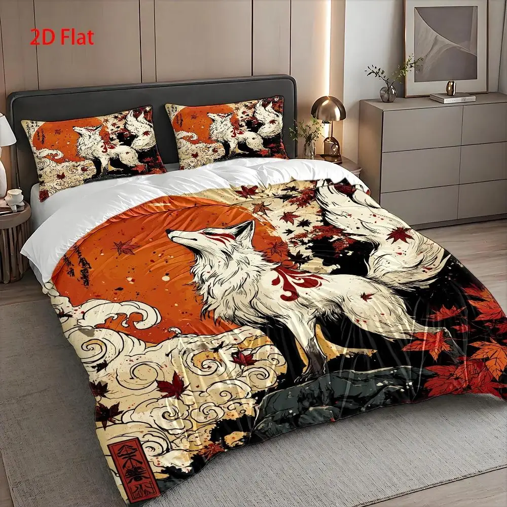 Soft Duvet Cover Set, 2D Flat Printed Duvet Cover Set, Bedding Set, Red Maple Nine-Tailed Fox Theme, Japanese Ukiyo-E Style, Machine Washable, Invisible Zipper, Large Duvet Cover Set, Bedding Set, Quilt Cover
