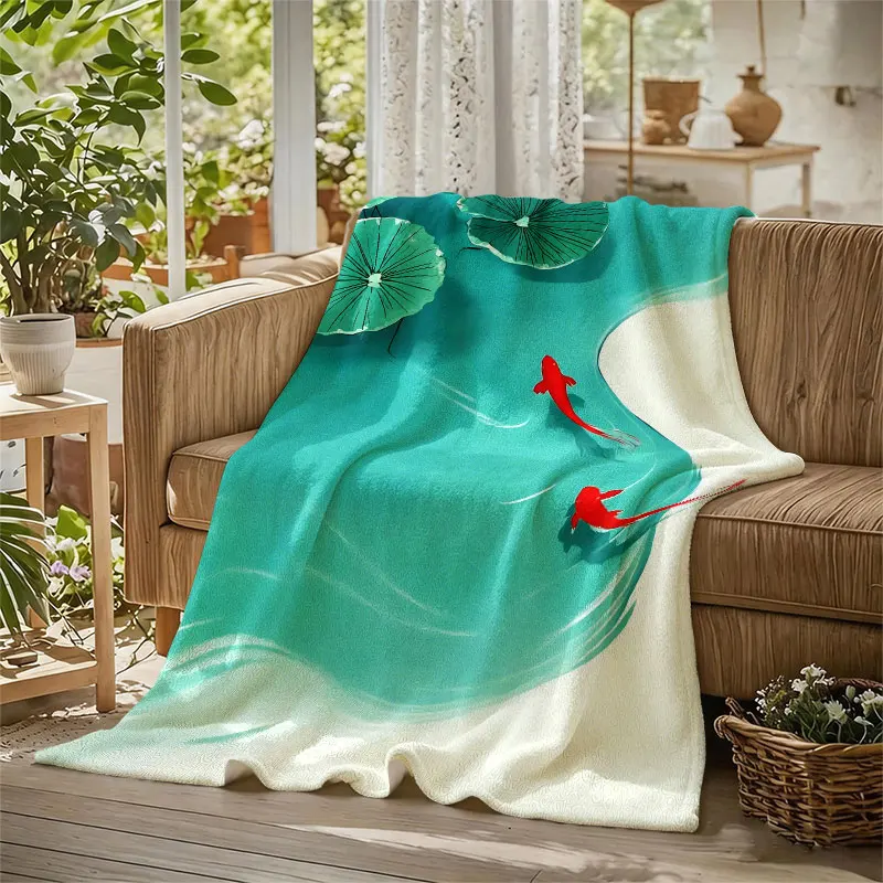 Koi Fish Lotus Pond Flannel Blanket Warm Soft Halloween Christmas Decorative Couch Warm Cozy All-Season Gift