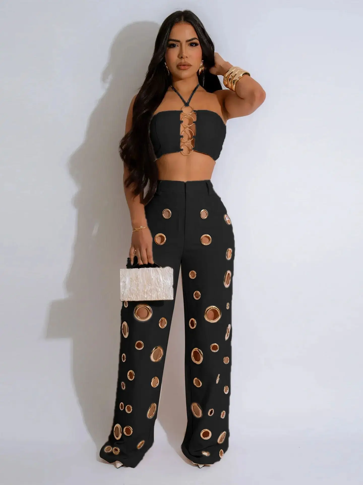 Conjunto de 2 piezas de Top corto Sexy para mujer, ropa de fiesta nocturna, Top corto con cuello Halter y pantalones calados, trajes femeninos