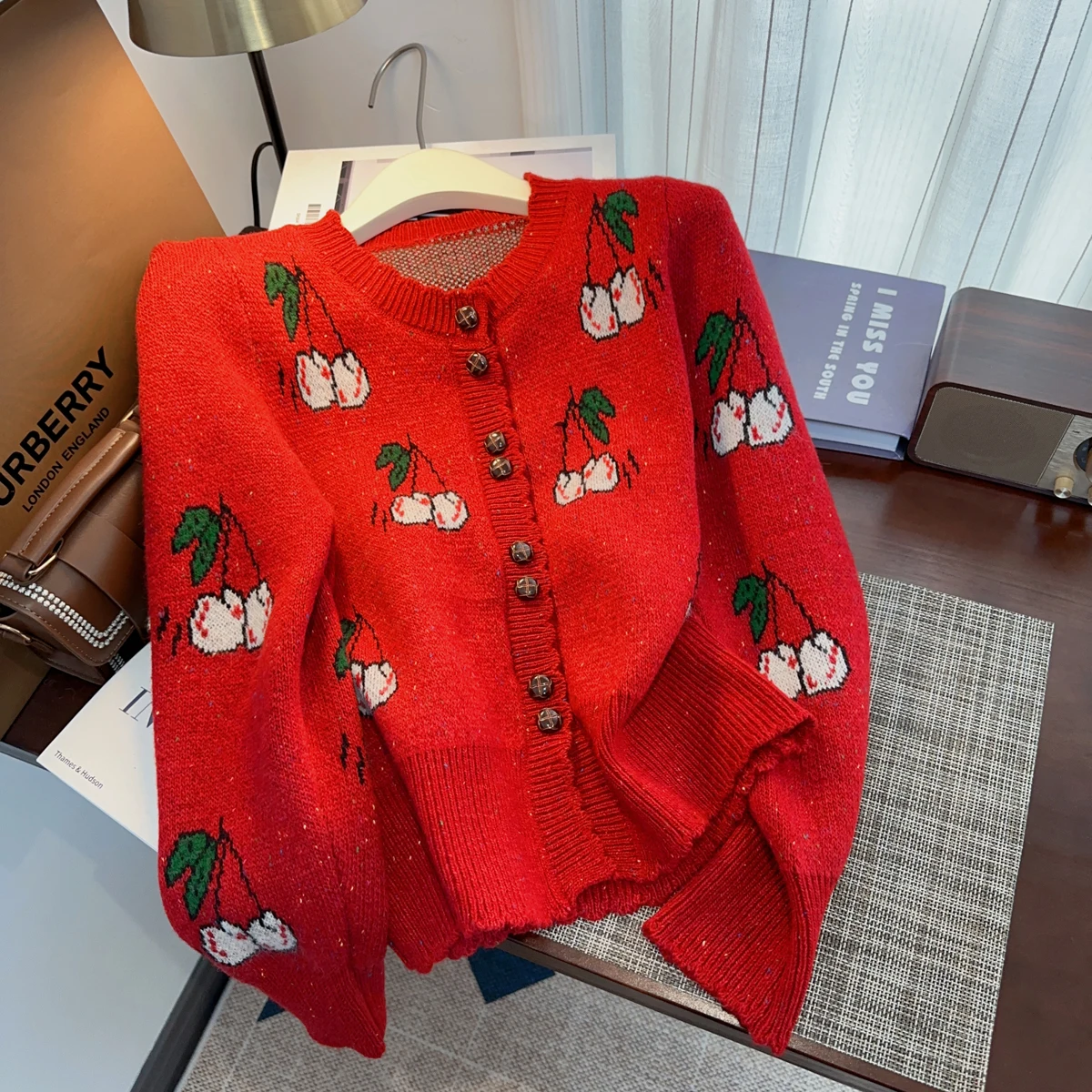 Cherry Jacquard Thicken Knit Cardigan Sweater Women Elegant Fashion Ladies Coat Tops 2024 Autumn Long Sleeve Female Jumpers