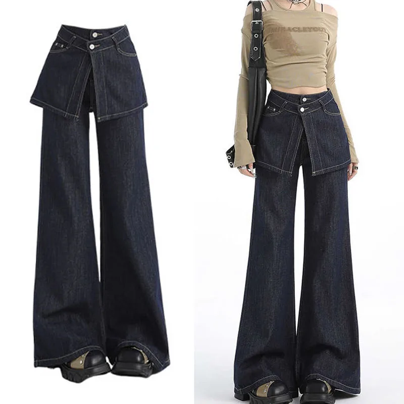 Women Denim Pants Fashion Fake Two Piece Blue Jeans for Women's High Waist Wide Leg Pants Ladies Vintage Loose Straight Trousers