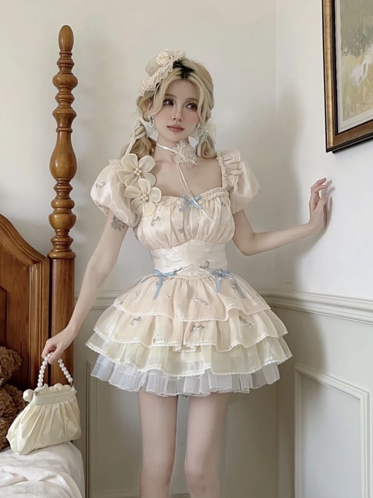 

Sweet Elegant Summer Slim 2-piece Set Women Pretty New Kawaii Bow Square Neck Tops Female High-waist Ruffle Cake Short Skirt