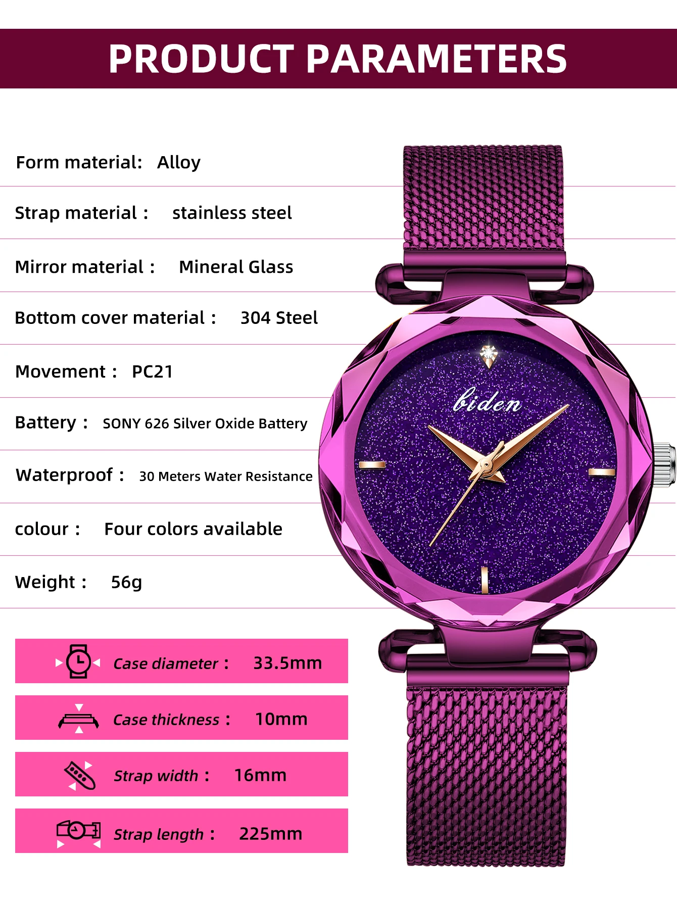 BIDEN Fashion Premium Purple Women's Watch Mesh Belt Night Light 30M Waterproof Daily Birthday Women's Exclusive Gift Free Box