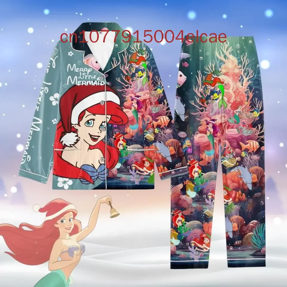 The Little Mermaid Christmas Pajamas Set Disney Princess Ariel Casual Y2K Men\'s and Women\'s Long sleeved Shirts Pajamas Set