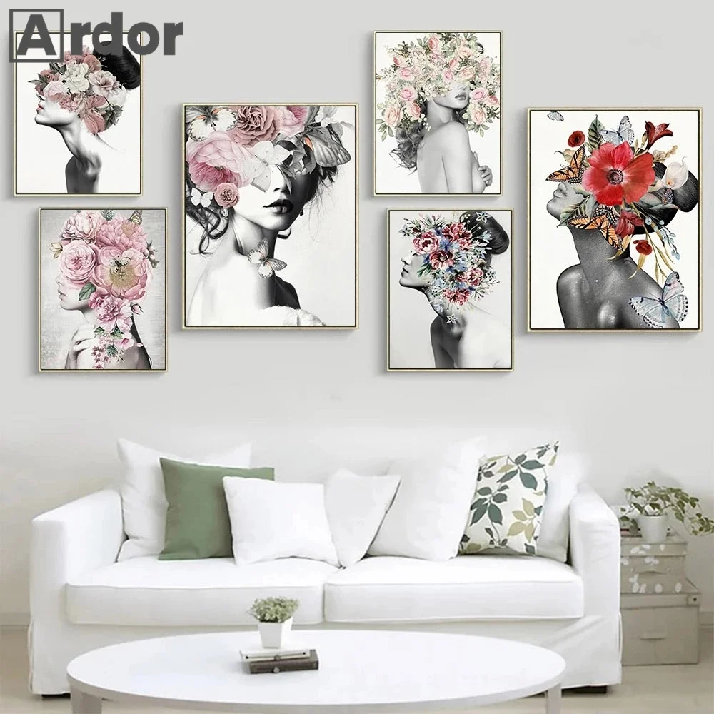 Fashion Women Head Flower Wall Art Poster Butterfly Art Prints Sexy Girls Canvas Painting Modern Pictures Living Room Home Decor