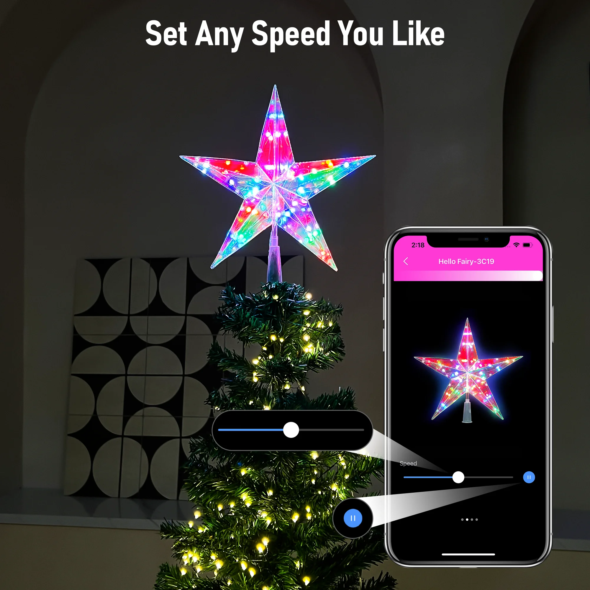 Dobrável RGB Brilhante Árvore de Natal Topper, Luz Estrela, Pentagrama USB, Controle App, 29cm, 25LED, Decoração Árvore de Natal, 2024