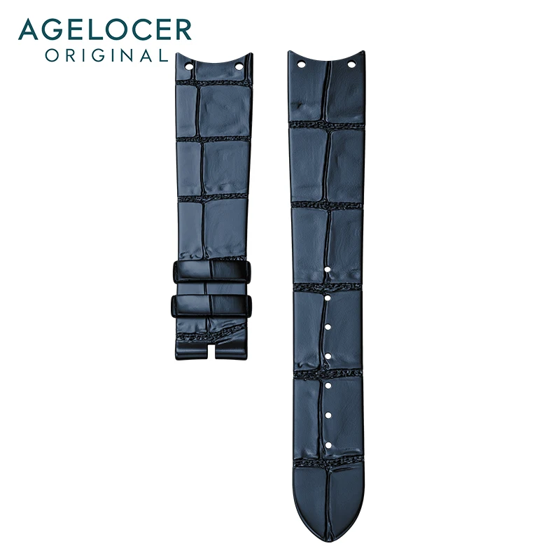 AGELOCER Original Brand Strap Width 18mm Black Blue Leather Strap 316L Stainless Steel Buckle