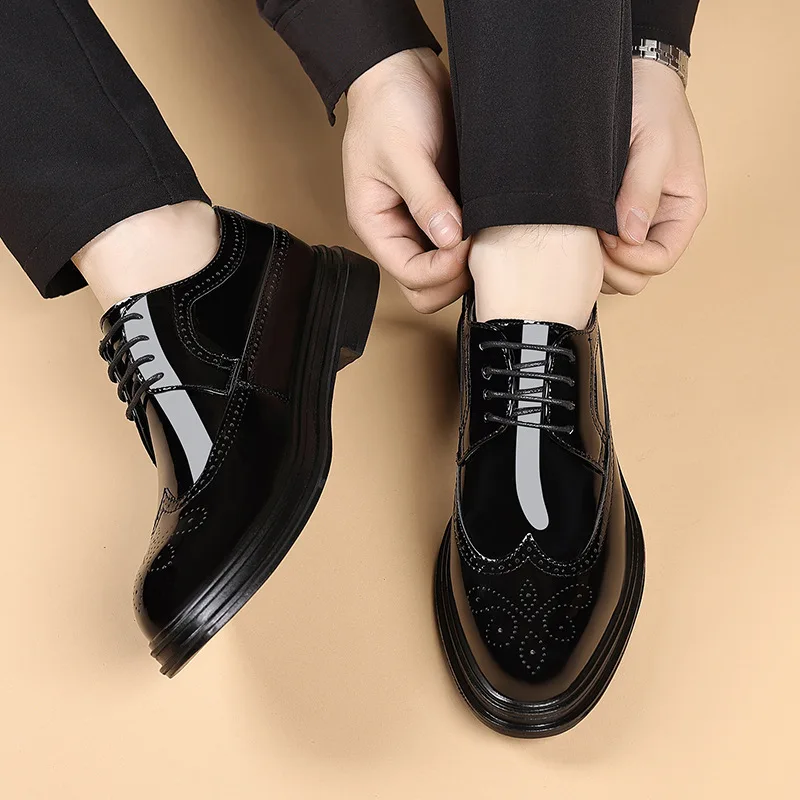 Men's Patent Leather Brogue Dress Shoes Lace Up Formal Oxfords Thick Sole Non Slip Comfort Business Shoes Work Wedding & Formal view 4