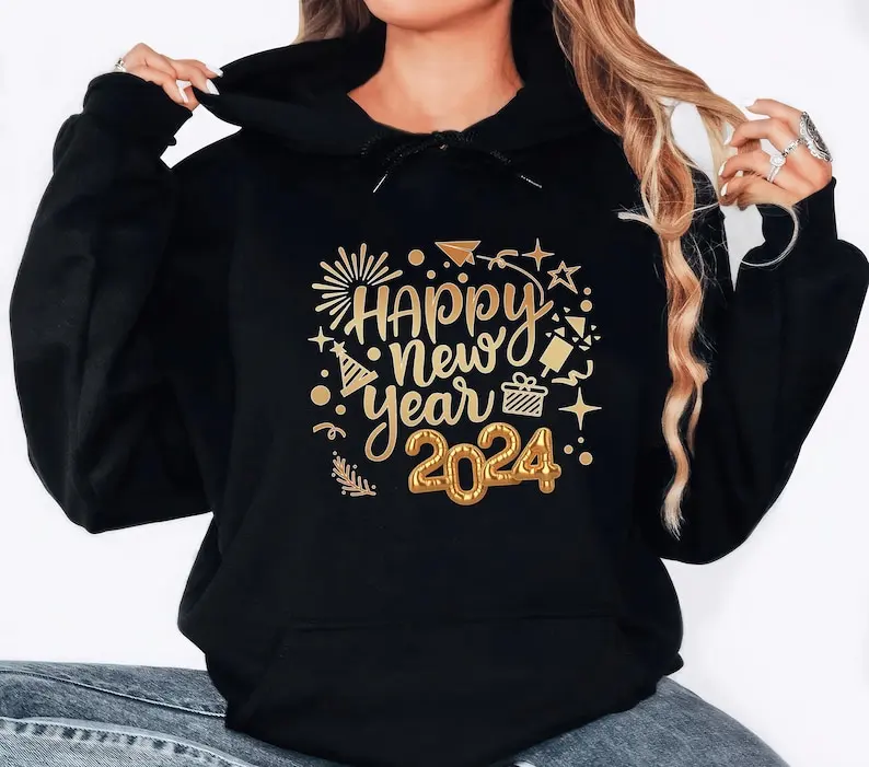 

2024 New Year Crew Hoodie New Years Eve Party Unisex 2024 Happy Year Hooded Sweatshirt Harajuku Arrival Printed Hoodie