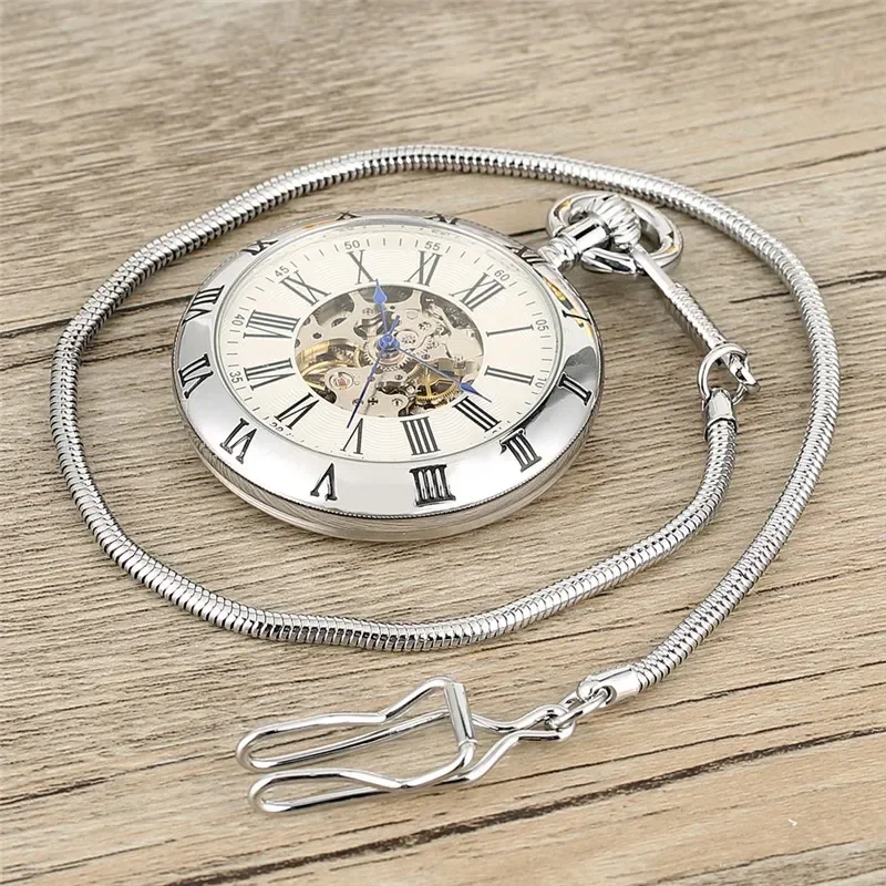 Gold/Silver Roman Numerals Open Face Men Women Mechanical Automatic Pocket Watch Pendant Chain Clock Skeleton Watches Gift