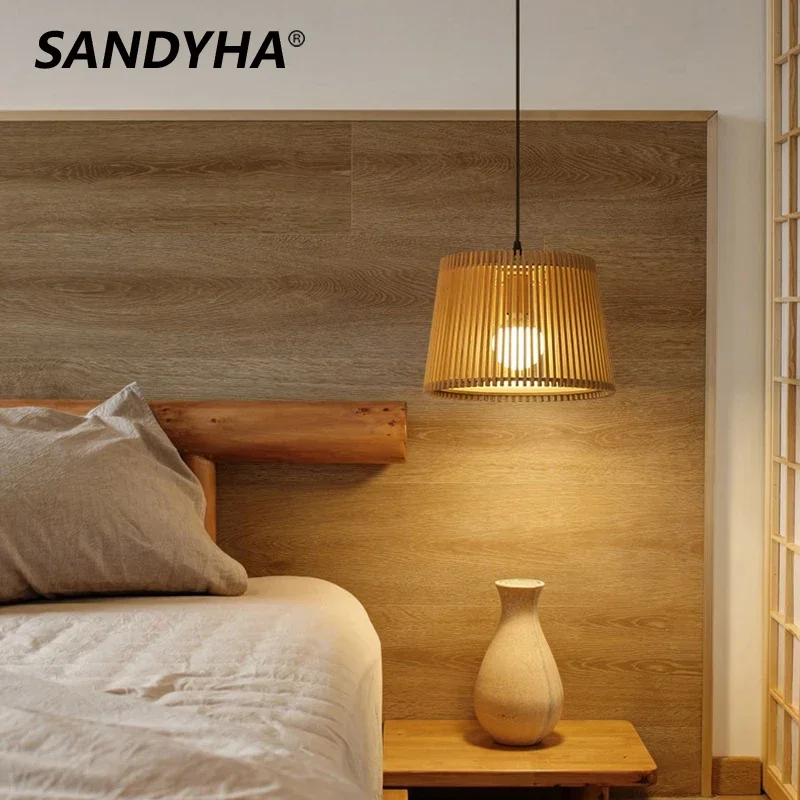 

SANDYHA Modern Simple Lighting Bar Solid Wood Art LED Chandelier for Bedroom Dining Room Study Home Decor Pendant Lamp Fixture