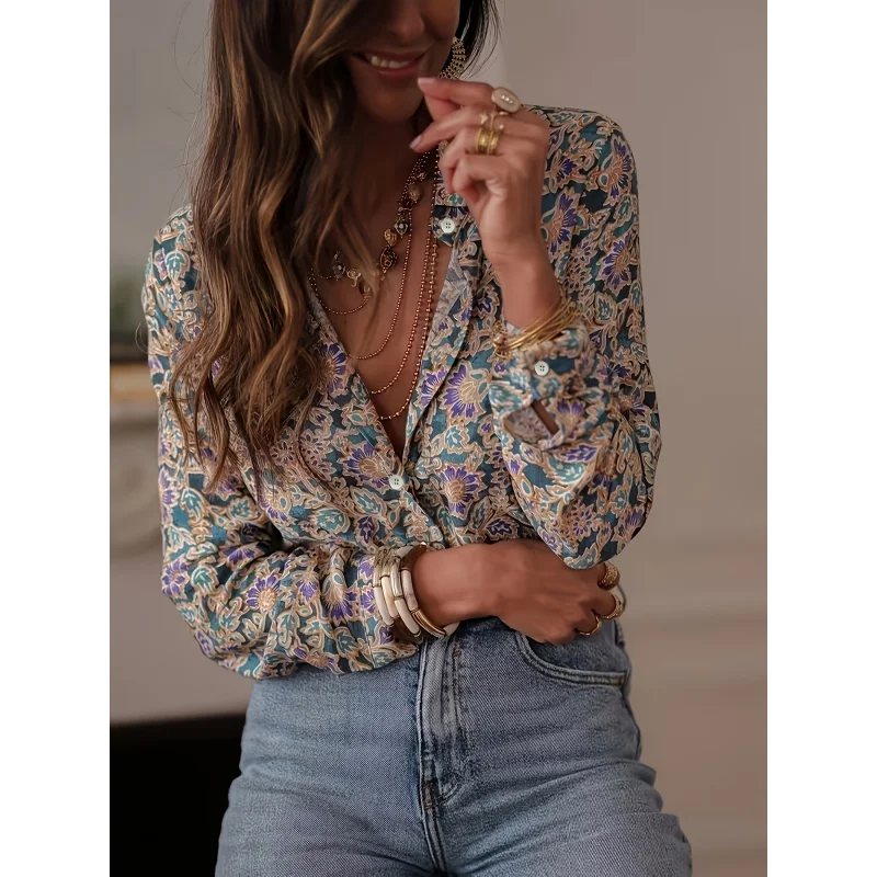 

An Elegant Vintage Button-Up Shirt with Long Sleeves, Suitable Year-Round Wear, Casual Outfits Women