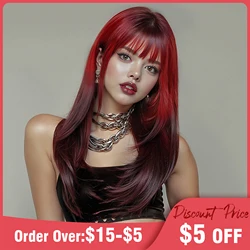 Gothic Ombre Red Synthetic Wigs Long Straight Layered Ombre Red Black Wig with Bangs Multicolor Cosplay Christmas Wig For Women