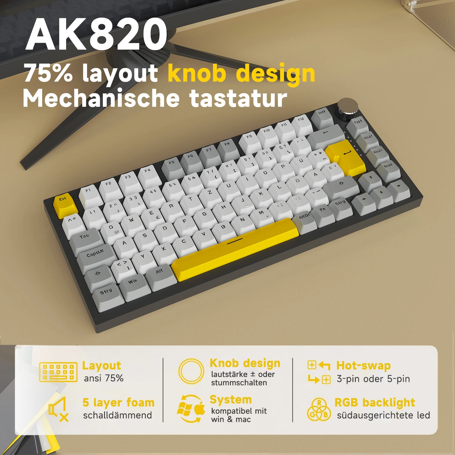 teclado mecanico para juegos ajazz ak820 75 con cable y perilla de volumen - led orientado al sur