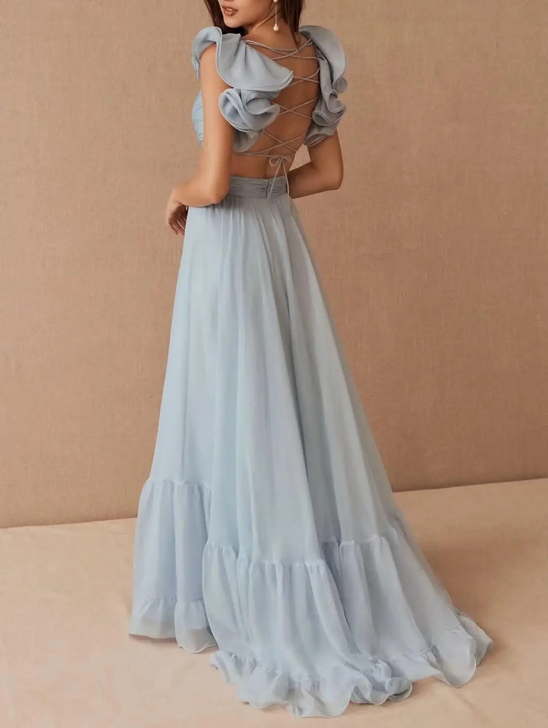 Chiffon Ruffle Prom Dresses for Women V Neck Long Bridesmaid Dresses Backless Formal Evening Gowns A Line Plus Size Party Dress