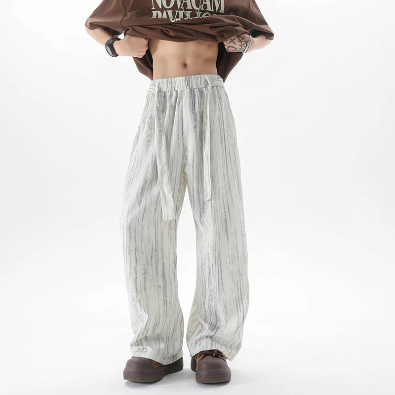 

2025 Summer Fashion Loose Ice Silk Elastic Waist Casual Pants Men Trendy Stripe Printed Wide Leg Straight Trousers Male