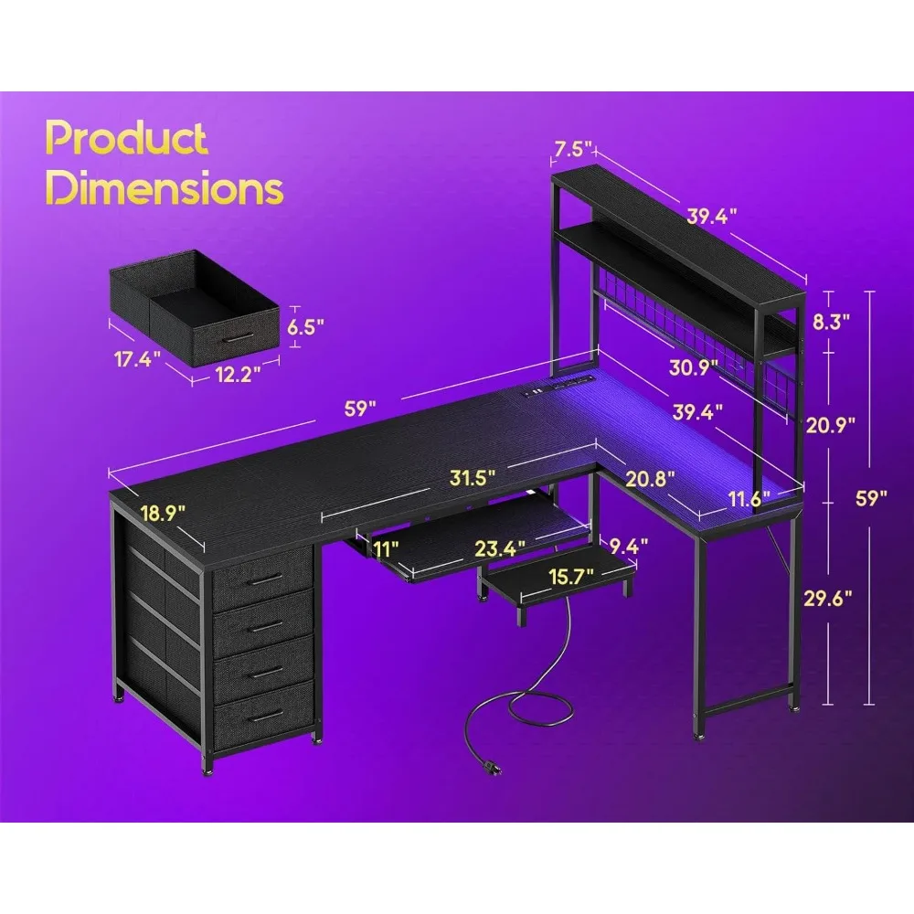 مكتب على شكل حرف L مقاس 59 بوصة مع 4 أدراج، مكتب ألعاب مع أضواء LED ومنافذ طاقة، مكتب كمبيوتر مع لوحة بيجبورد ولوحة مفاتيح T #3