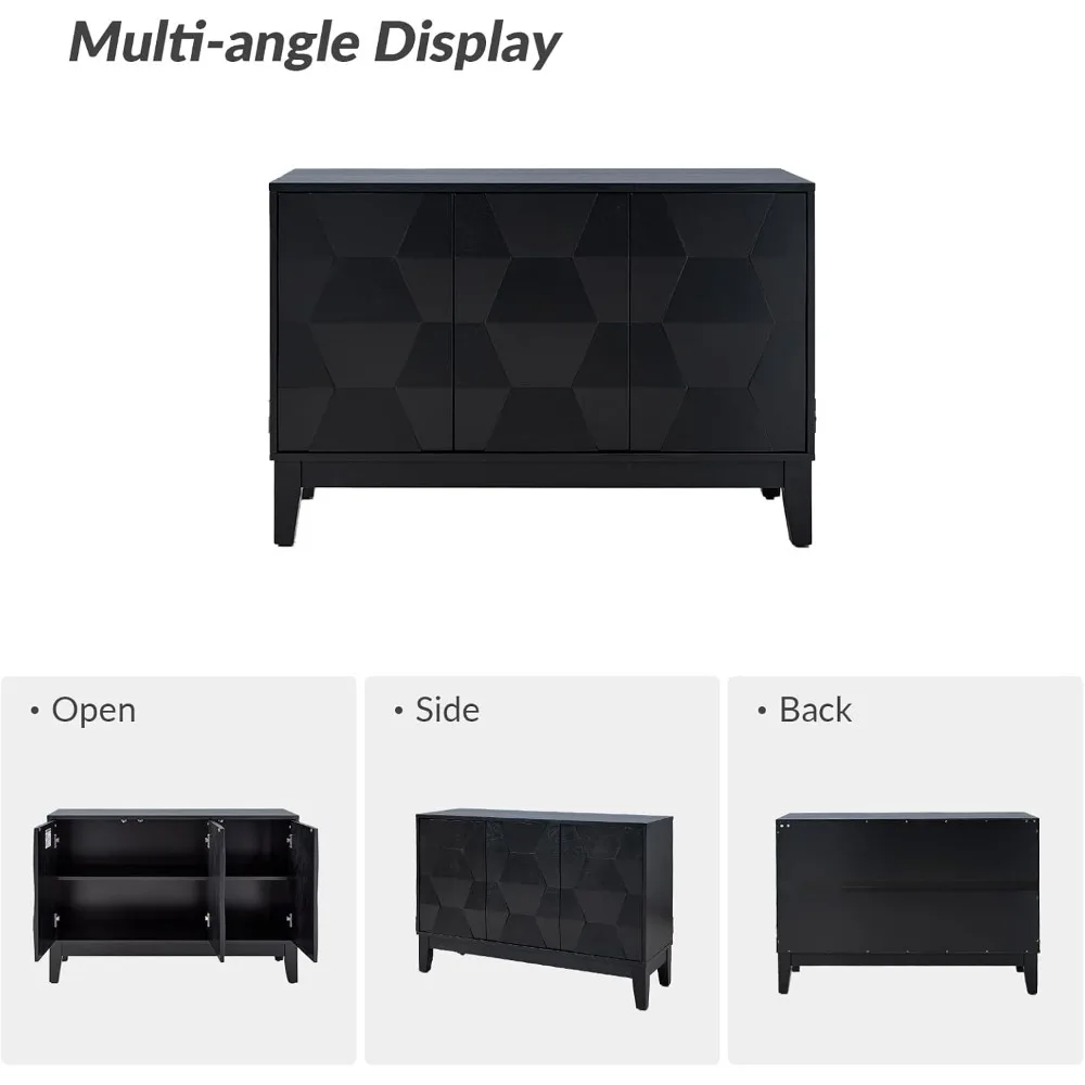 Modern Kitchen Buffet Cabinet Storage Sideboard with 3D Geometric Design, Freestanding Floor Cabinet with 3 Doors & 2 Adjustable