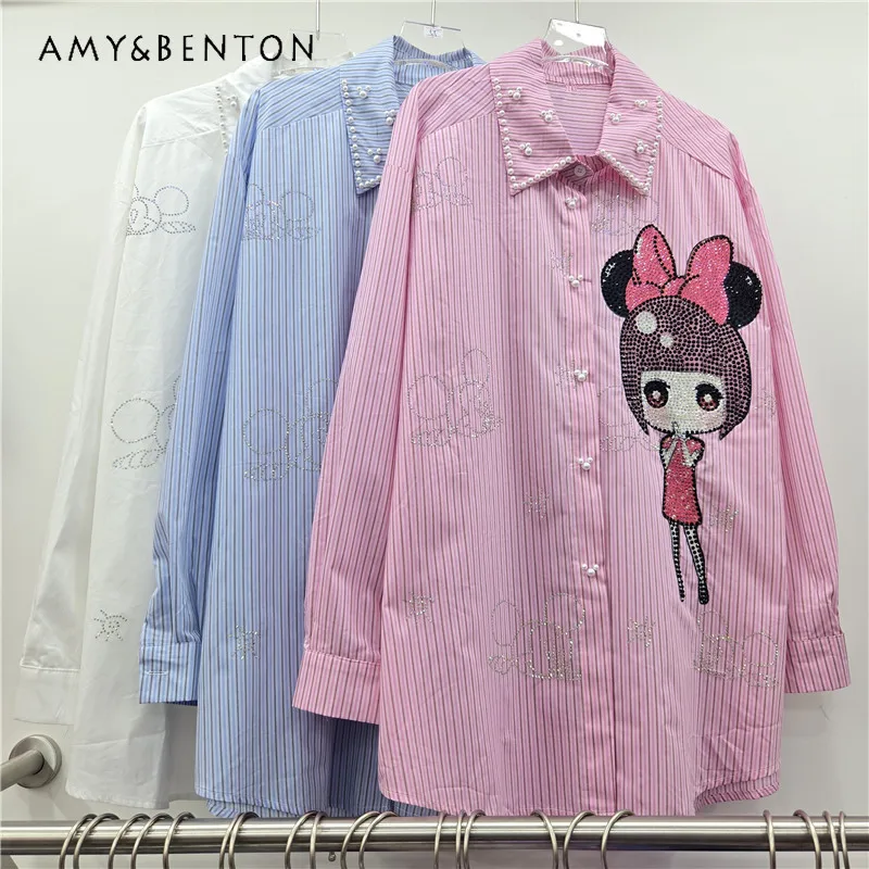 

Age-Reducing Cartoon Little Girl Cartoon Top Heavy Embroidery Rhinestone Striped Shirt Loose Mid-Length Long Sleeve Blouse Women
