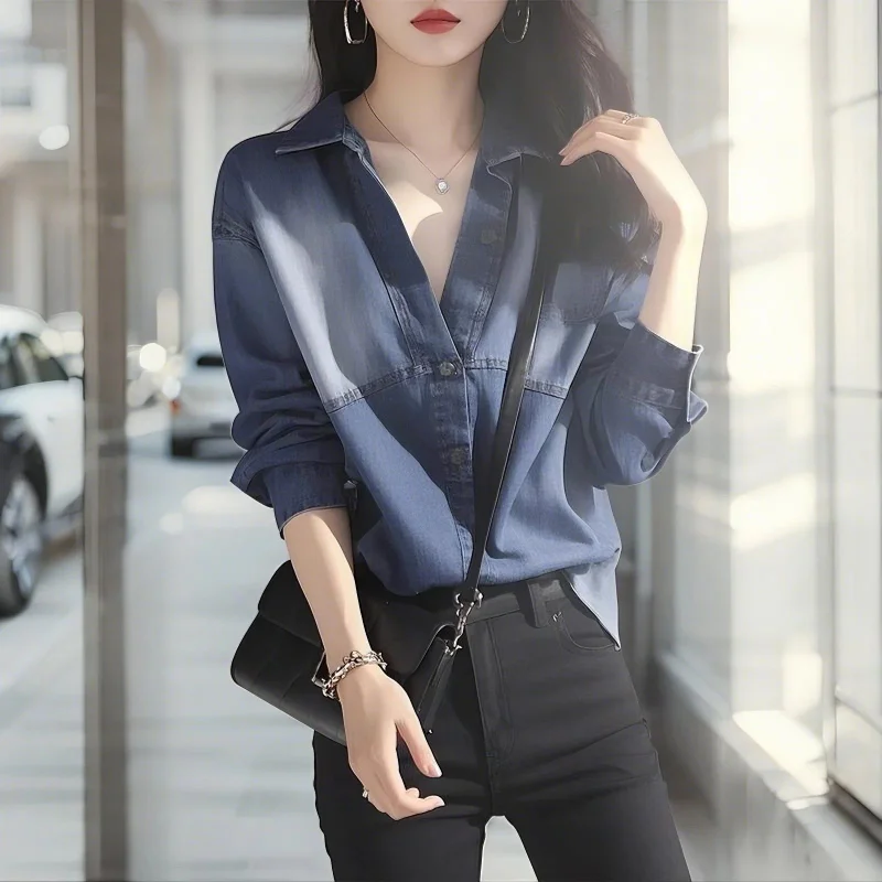 

Summer Stylish Top Unique Design Blue Denim Long Sleeve Shirt Women