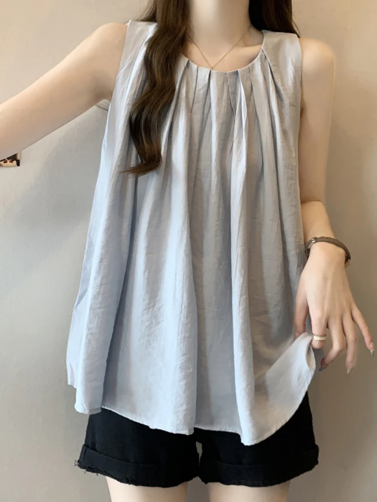 French Style Pleated Sleeveless Vest Shirt Women Summer Outdoor Wear Large Size Fat MM Slimming Belly Cover Fashionable Halte...