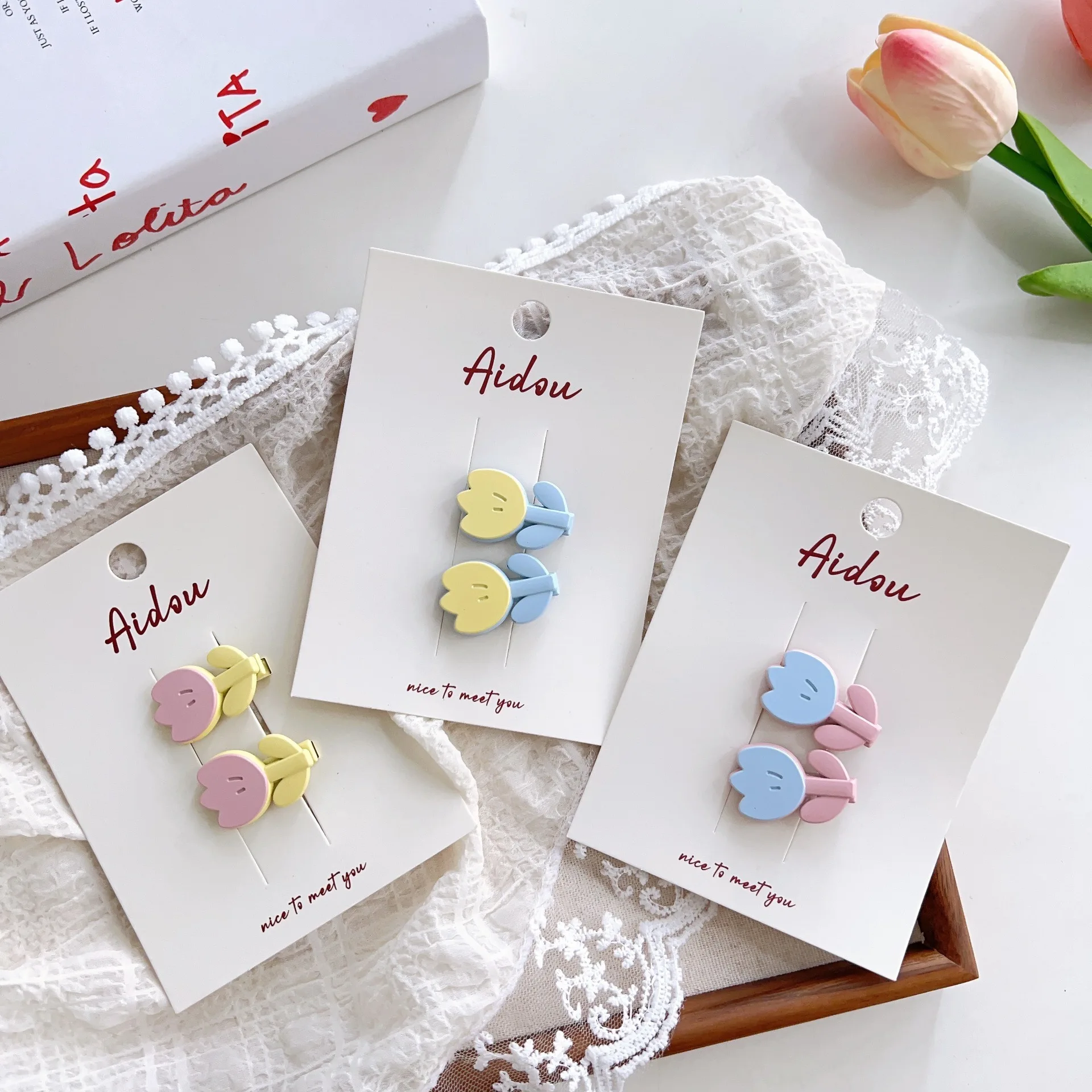 2 uds dulce tulipán Clip de pelo estilo holandés Mini Clip de presión agarre de pelo de bebé pasador de templo lateral adorno Floral Pastel para el cabello niñas