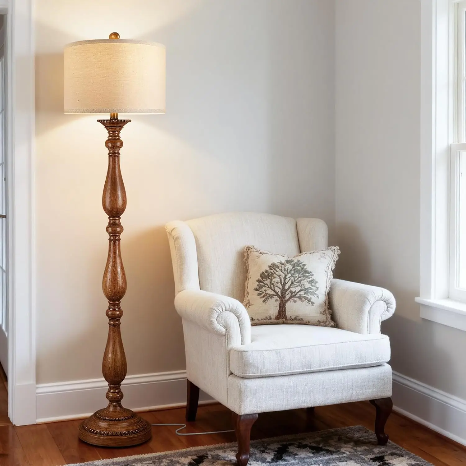 

Винтажный торшер с поворотным выключателем и льняным абажуром, напольный светильник в стиле рустик для гостиной, спальни, столовой