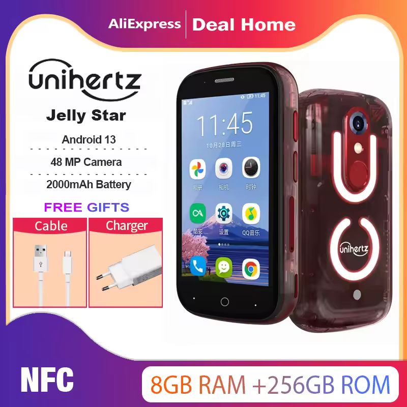Unihertz Jelly Star, 8GB 256GB, מצלמה ראשית 48MP, 2000mAh, אנדרואיד 13, מיני 3 אינץ', תאורת LED אחורית שקופה, SIM ננו כפול