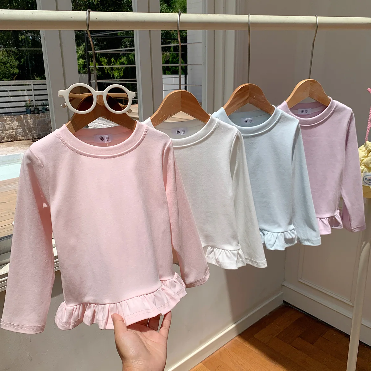 2-8T Toddler Girls Solid Color Long Sleeve T-Shirt Ruffle Hem Basic Tops Kids Cute Casual Blouse Autumn Children Clothing