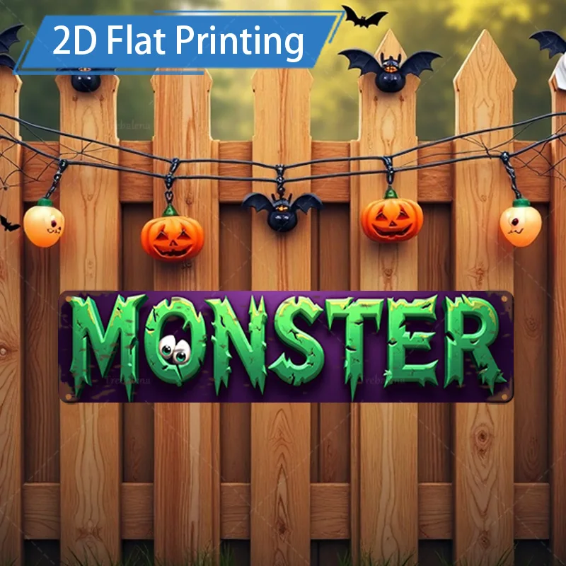 قطعة واحدة من لافتة معدنية، لافتة وحش الهالوين مقاس 4 × 16 بوصة، طباعة مسطحة لتزيين السياج