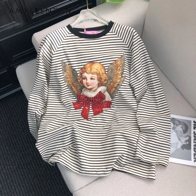 

2025 Spring American Retro Top Tees Contrasting Stripes Casual Angel Diamond Printed Loose Long Sleeved T-Shirt Kawaii Clothes