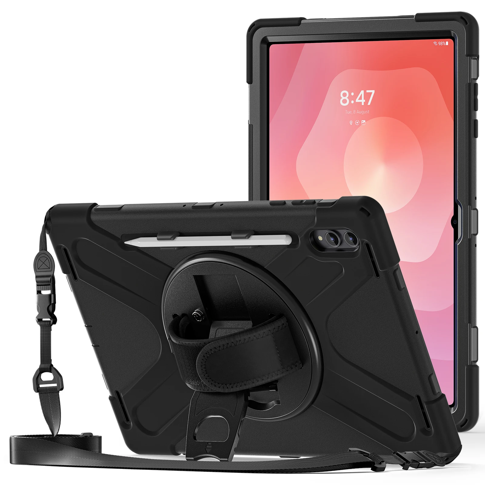 Étui blindé antichoc avec support pour Samsung Galaxy Tab S11 Ultra SM-X930/ X936/ X936B, avec bandoulière, bande de paume Étui blindé antichoc avec support pour Samsung Galaxy Tab S11 Ultra SM-X930/ X936/ X936B, avec bandoulière, bande de paume