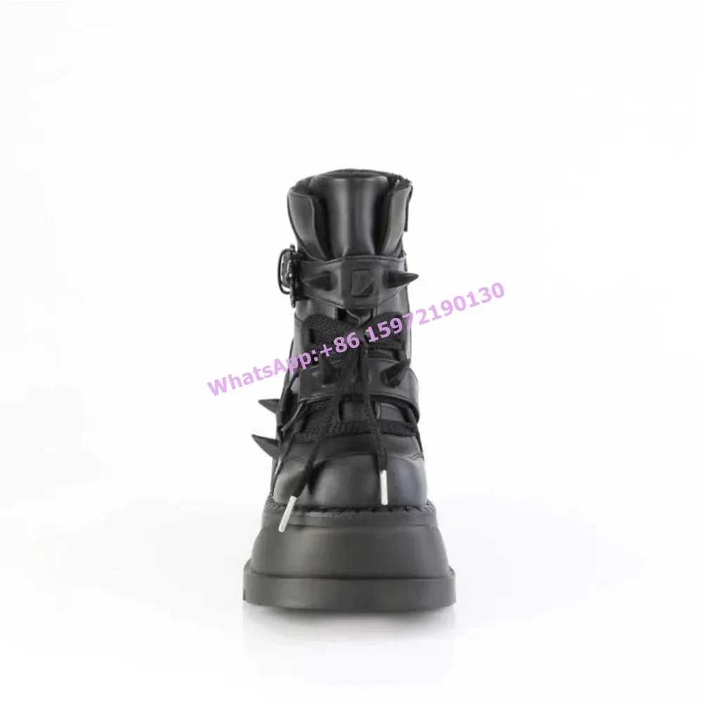 Black Spike Thick Soled Pumps Round Toe Platform Wedges Lade Up Buckle Street Style Shoes Gothic Solid Sexy Hotties Ankle Boots