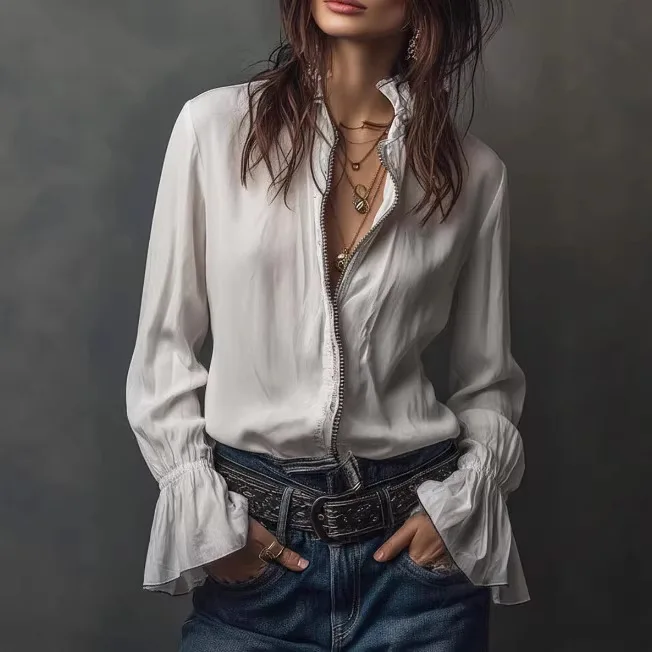 

2026 New Fashion Button Horn Sleeve Shirt Women Spring Casual Loose Solid Color Home Collar Long Sleeve T-shirt for Women
