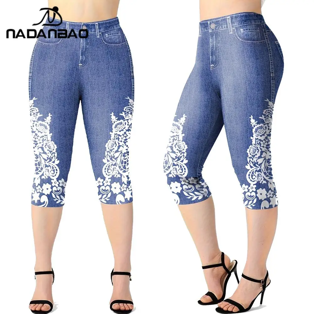 Nadanbao Women's Leggings Artificial Denim 3D Printed Tight Capri Tight Pants Casual High Waisted Elastic Tight Capris