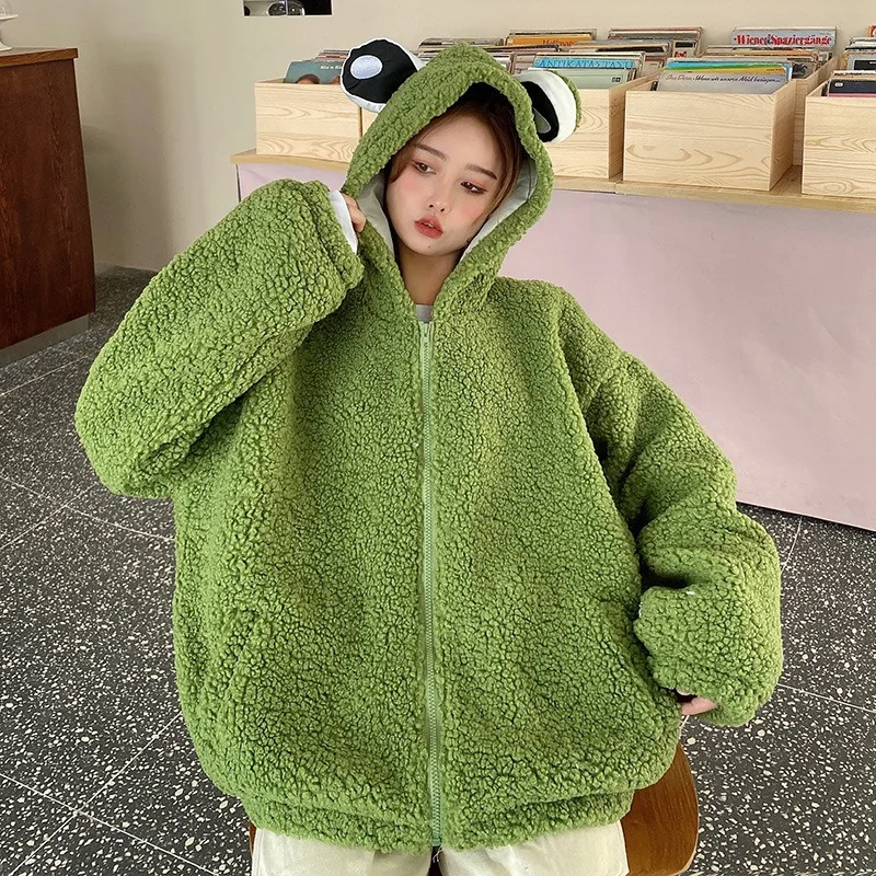 Autumn Winter Kawaii Frog Hooded Sweatshirt Zip-Up Plush Fleece Oversized Hoodies Women Thicken Warm Outwear Cute Animal Tops