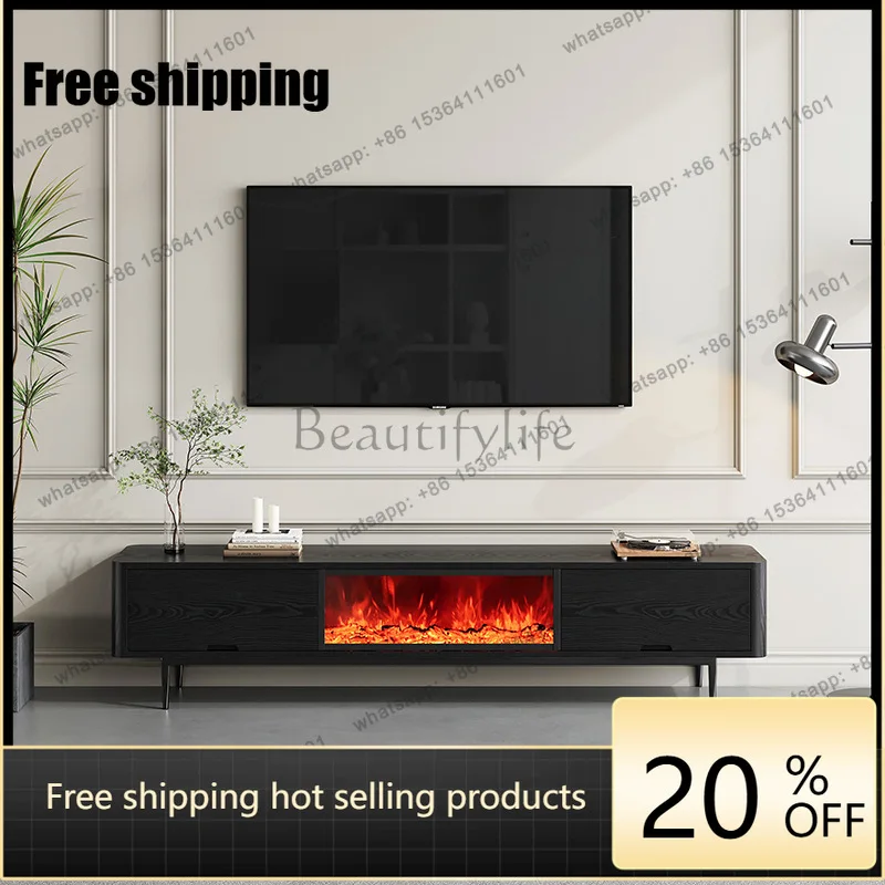 Medieval black wood grain fireplace TV cabinet simulated flame decorative floor counter