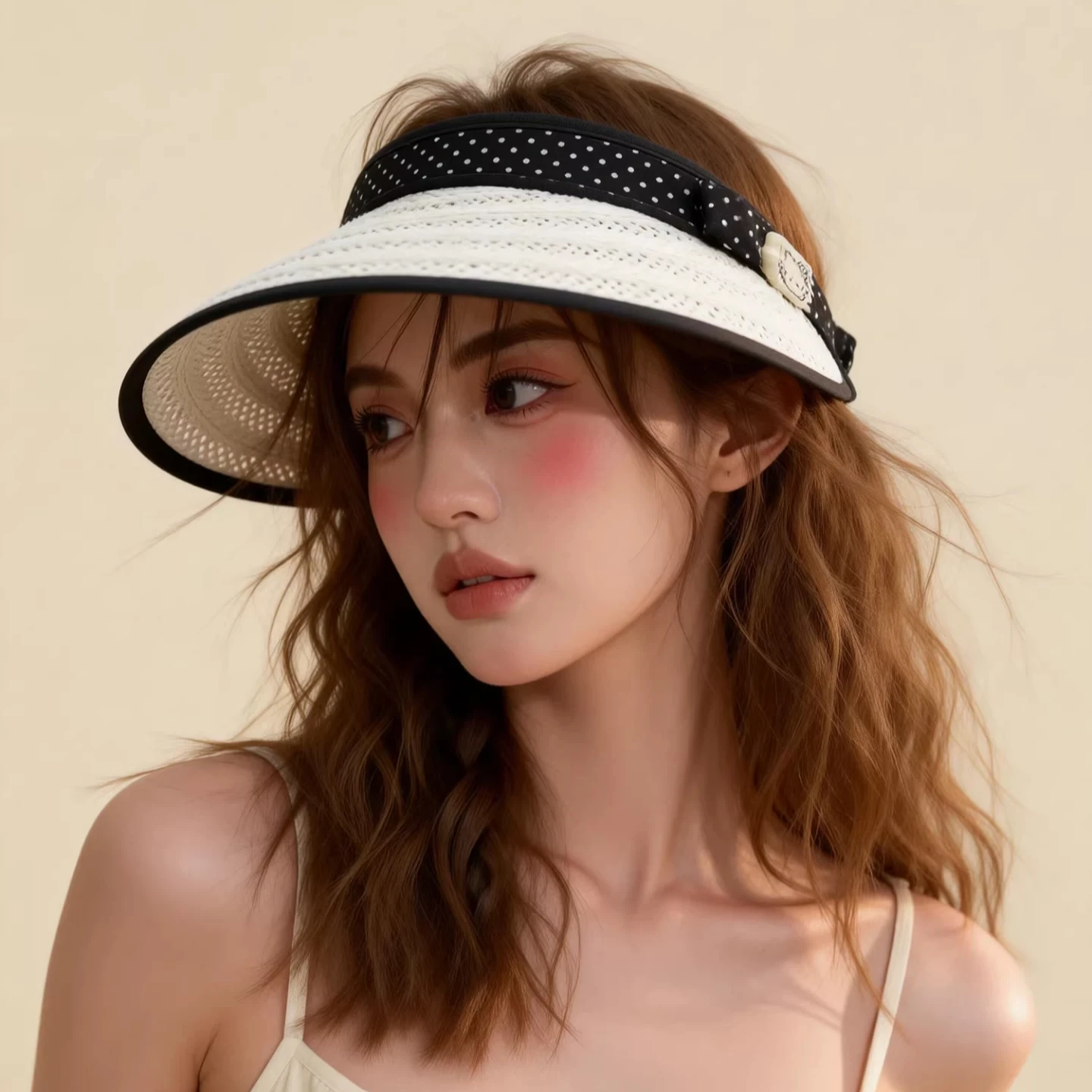 Straw empty top sunscreen hat women's polka dot large brim sun hat outdoor vacation straw hat