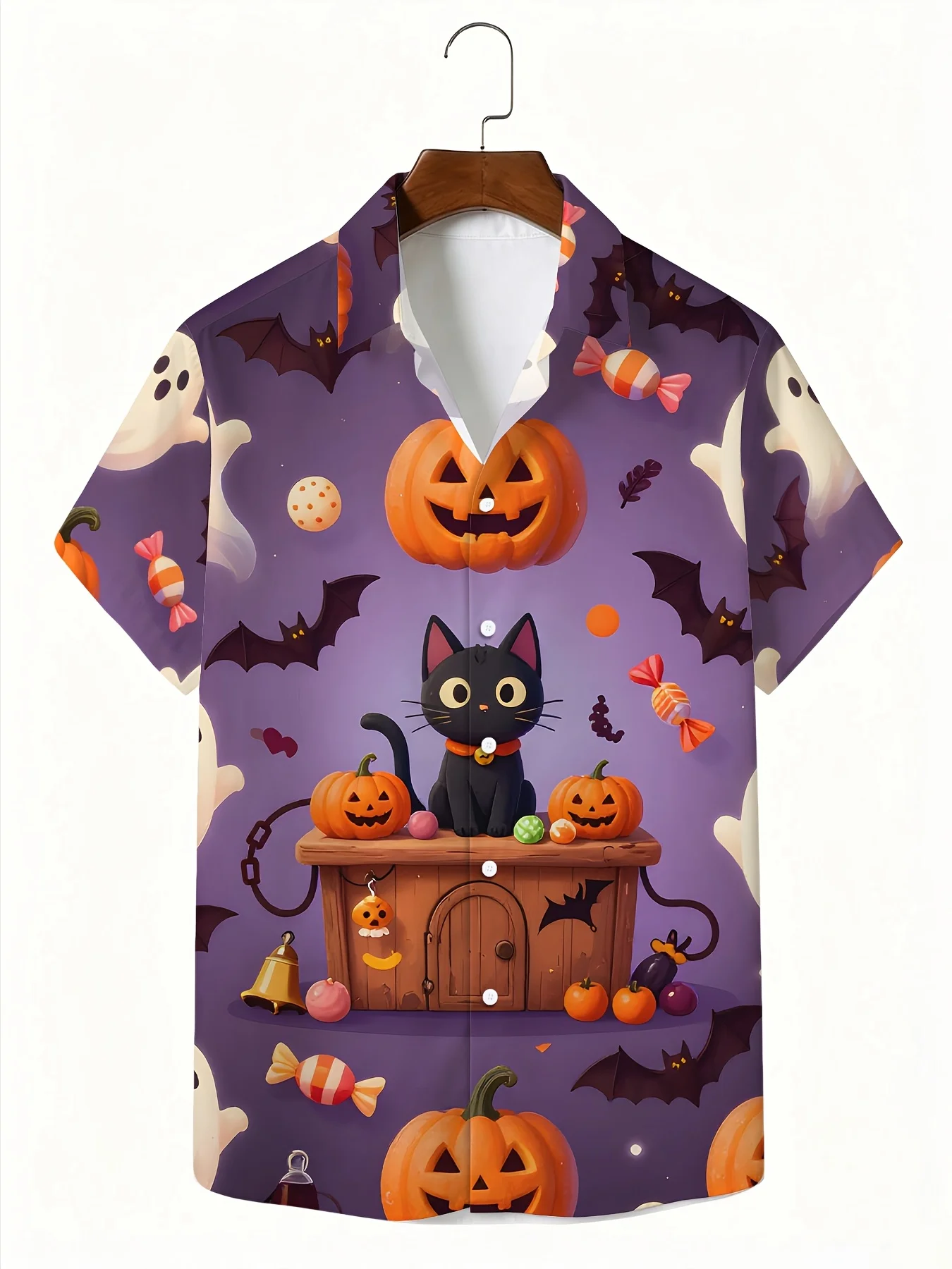 Men's Hawaiian Short Sleeve Shirt Vintage Colorful Halloween Black Cat Pumpkin Print Casual Beach Holiday Top Mens Clothing