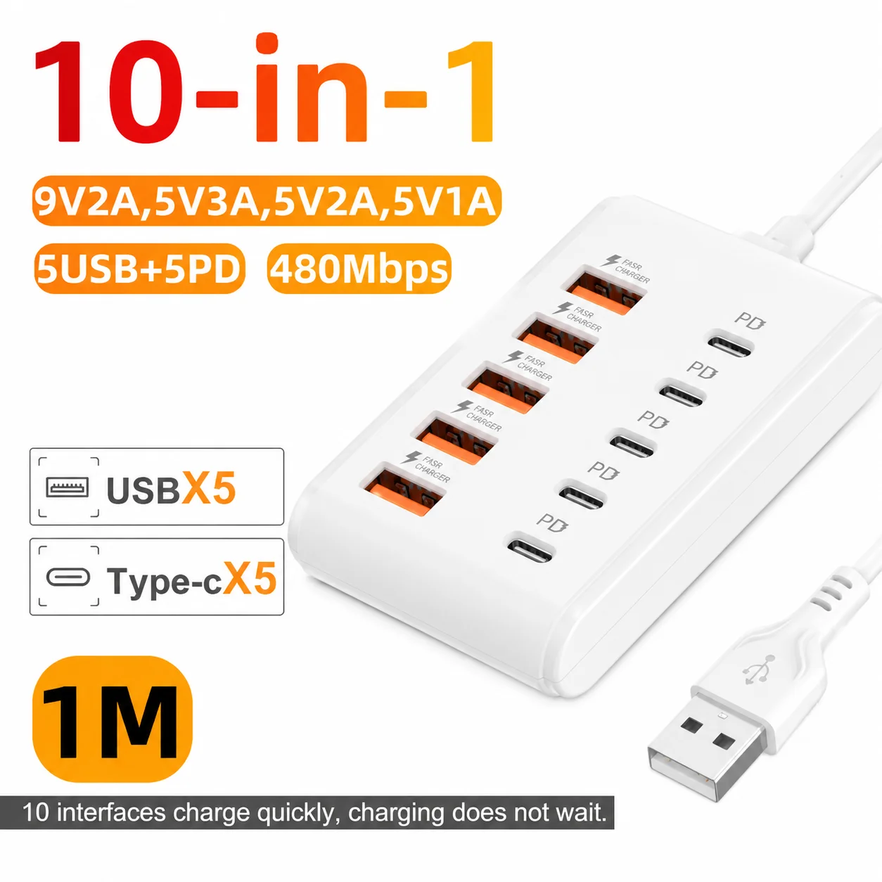10 Ports USB Charger 5USB+5PD Power Strip Station Multi Port PD Fast Charging