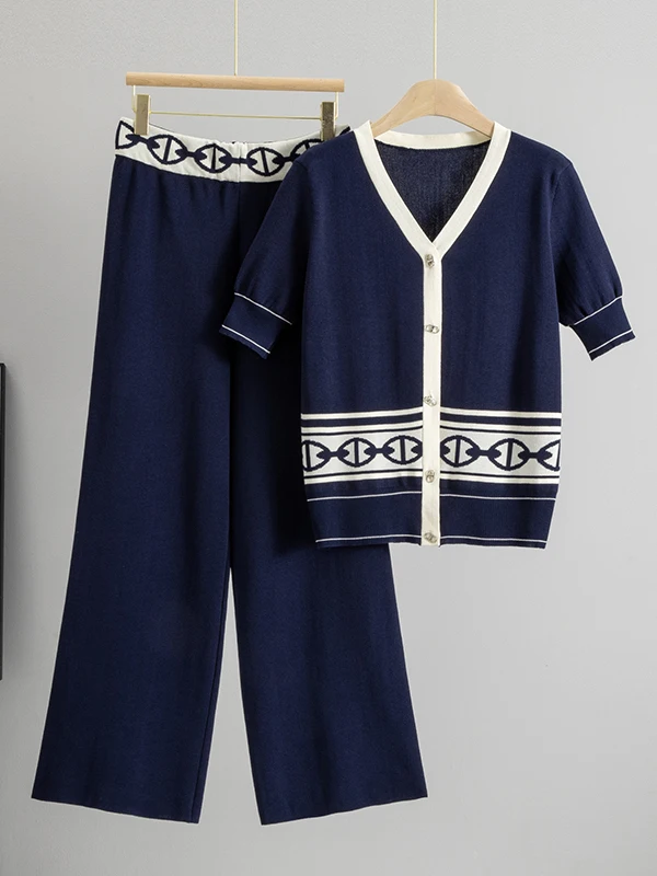 Slimming High Waist Wide Leg Pants V Neck Short Sleeve Knitted Two Piece Set Summer New Arrival Quality Color Block Pattern