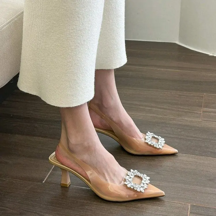 Rhinestone Square Buckle Transparent Band Breathable One Step Stitching Pointed Toe High Heel Sandals Women's Shoes