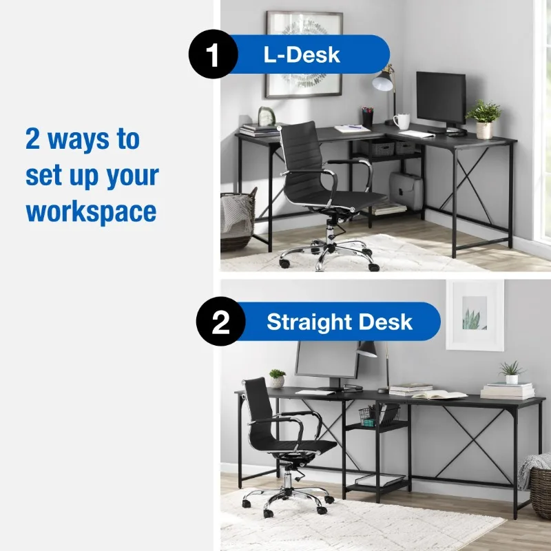 Two-Way Convertible Desk with Lower Storage Shelf, Black Wood Grains Finish and Black Metal Frame