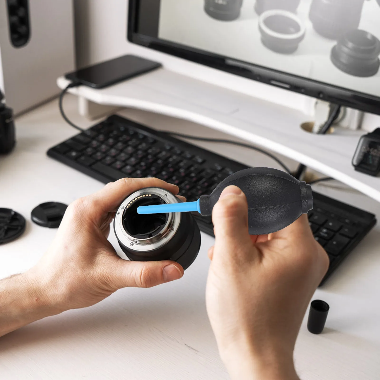 Kit 3 Peças: Soprador de Ar Ergonômico para Limpeza de Poeira com Bico de Válvula para Lentes de Câmera, Filtros, Sensores, Teclados de Computador e Celulares