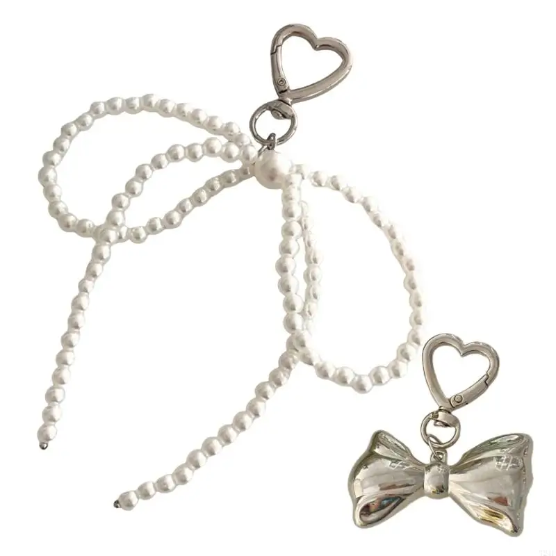 T21F Luxurious Bag Charm with Elegant Pearls Bowknot Designs Keychain Set 2pcs