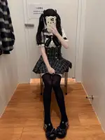 Ryousangata Jirai Kei 2 Piece Dress Set Women Black Plaid JSK Dress White Puff Sleeve Blouse Big Bow Lace Trim Tea Party Outfit 2