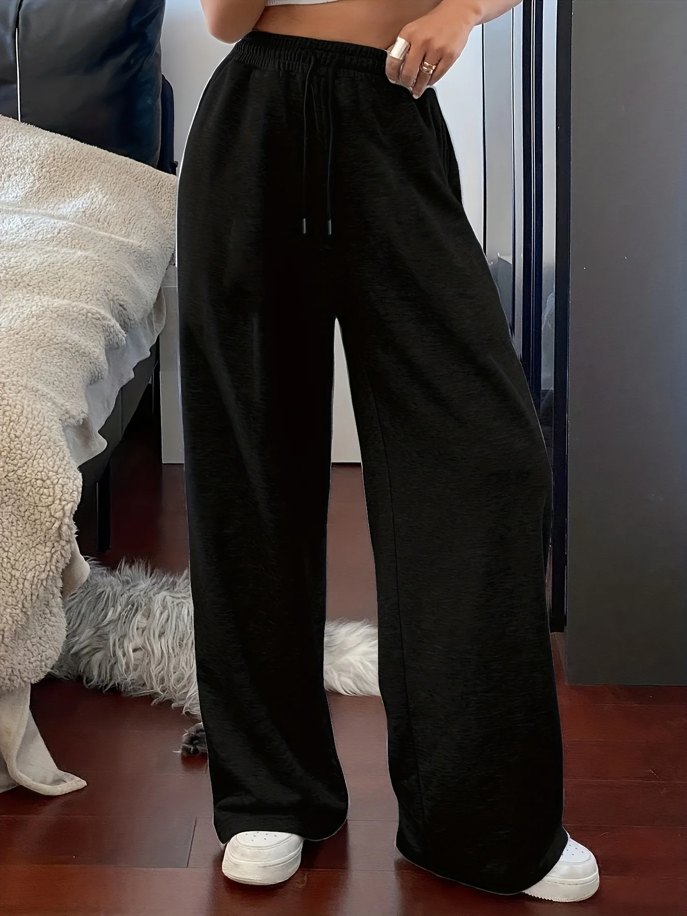 Casual Wide Leg Pants Solid Color Long Length Pocket Details Suitable for Fall/Winter