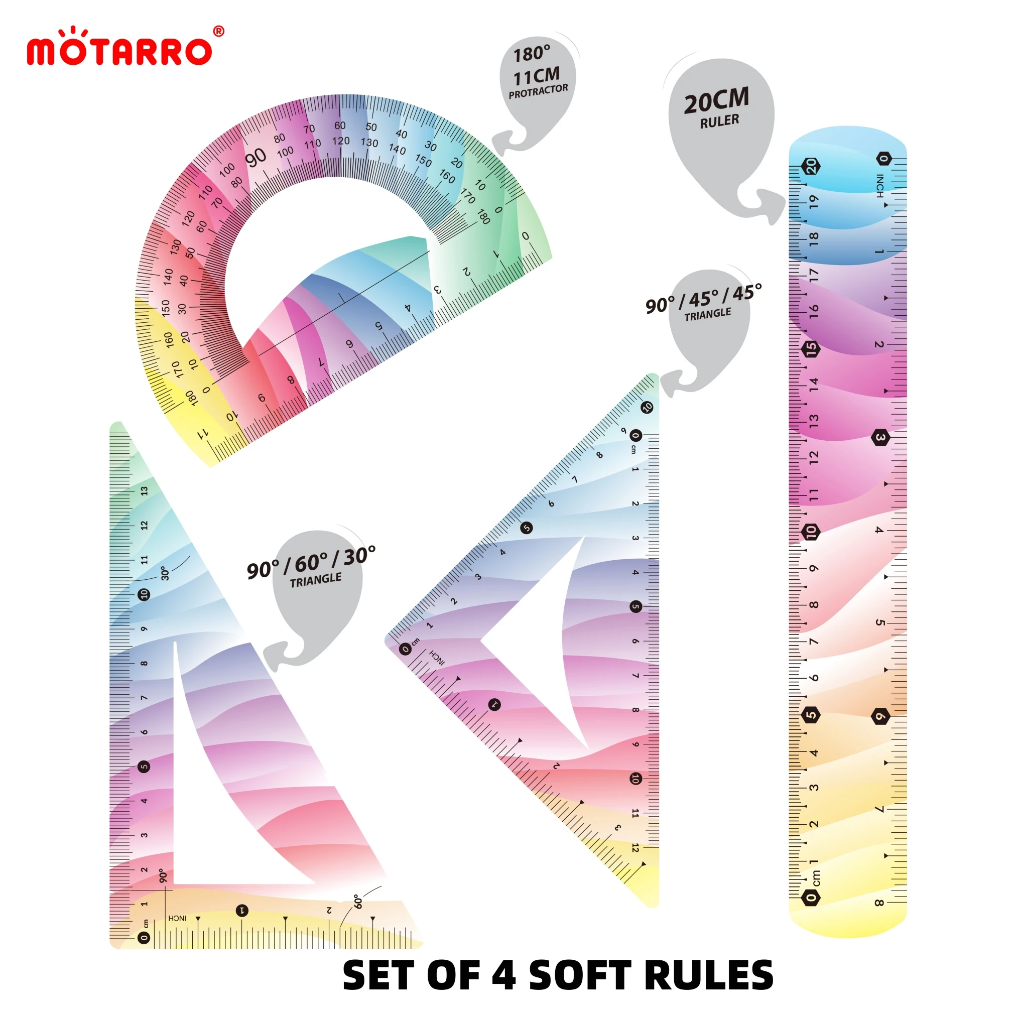 MOTARRO 4 Pcs Ruler Set Soft Plastic Colorful Rainbow Rulers Shatterproof Bendable Flexible Ruler for School & Office Supplies