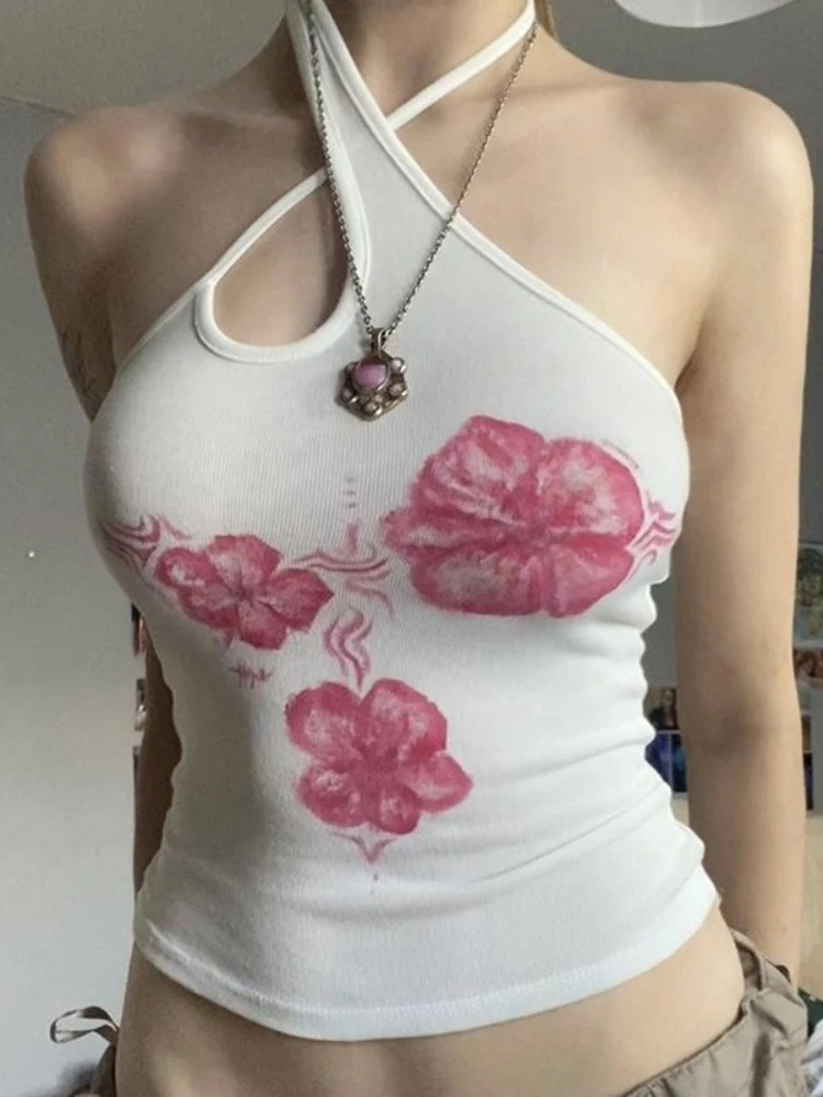 

Топ с перекрещивающейся шеей, укороченный топ с цветочным принтом, майка с открытой спиной, женская острая одежда, аксессуары Y2k, асимметричные Ropa Mujer